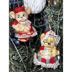 VINTAGE CHRISTMAS Jasco Caring Critters Chimers Bear Baby Bell ORNAMENTS PAIR 2